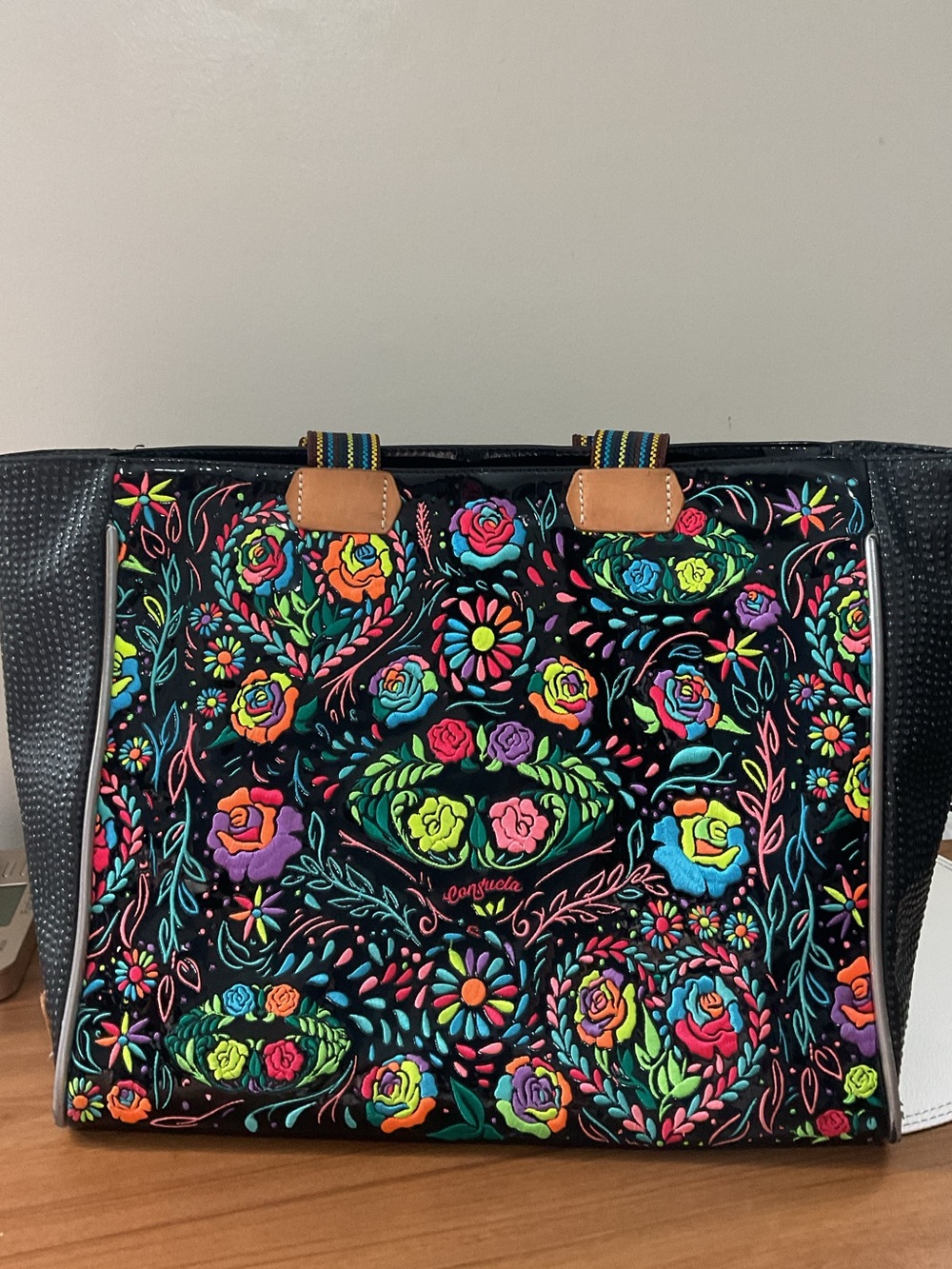 Consuela Black Tote with Multicolor Floral Embroidery